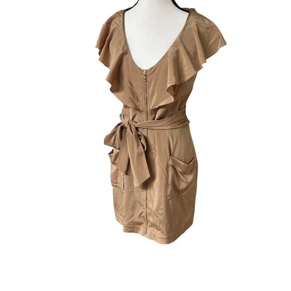 Y2K BEBE SILK RUFFLE TIE KHAKI TAN ZIP UP DRESS SMALL - Picture 2 of 7